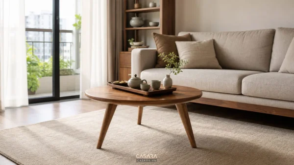 Bàn trà gỗ 3 chân đặt trước sofa màu trung tính trong phòng khách sáng