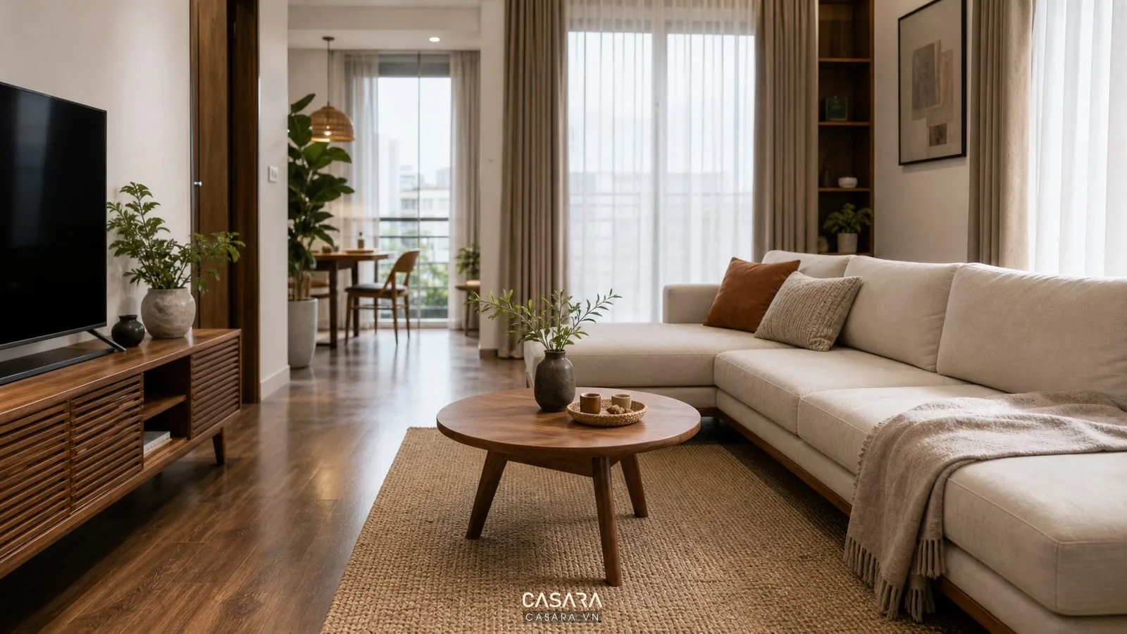Bàn trà phòng khách ba chân đặt cạnh sofa chữ L và thảm trung tính