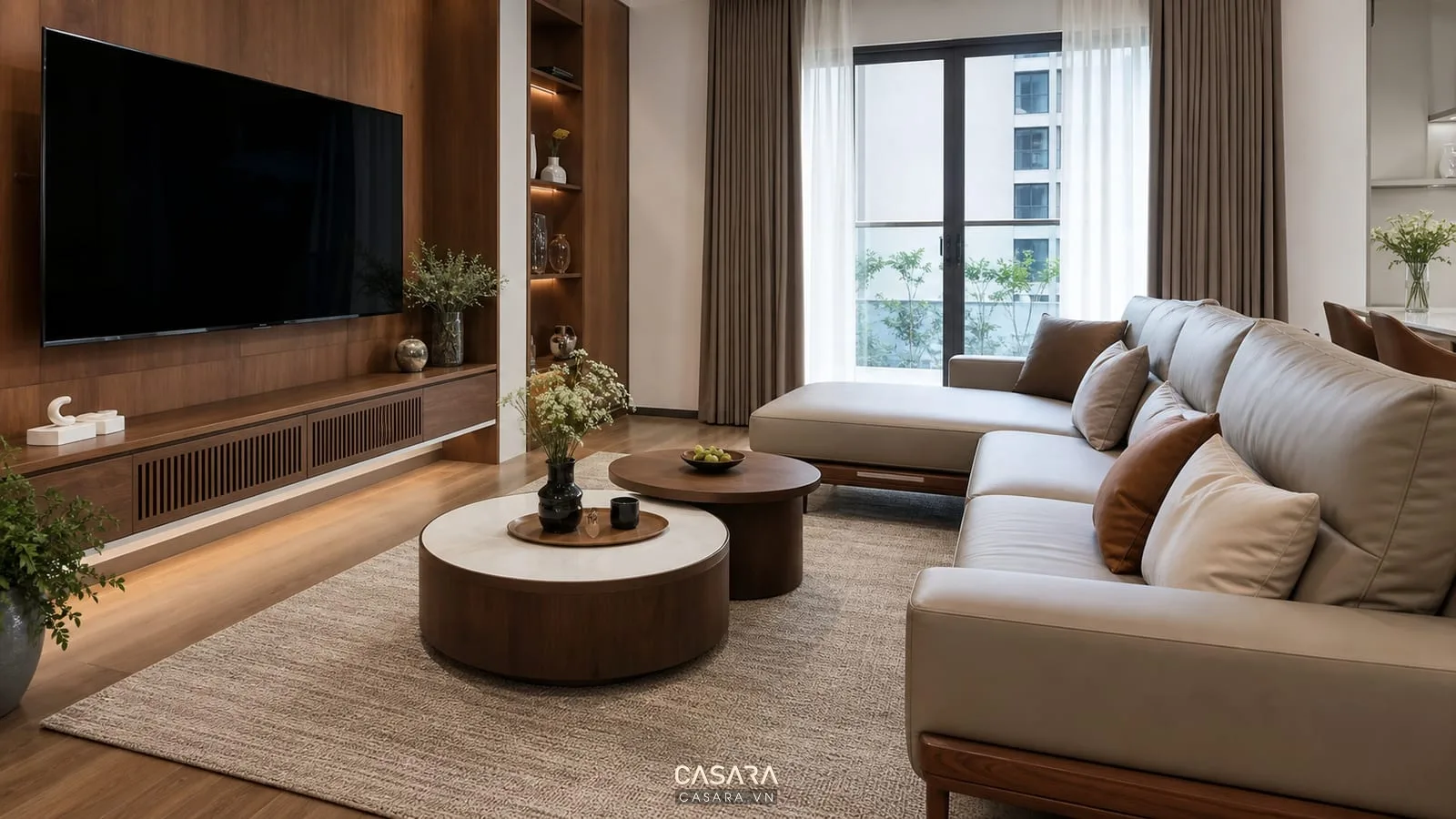 Bộ bàn trà bệt phòng khách dáng tròn đôi cạnh sofa chữ L
