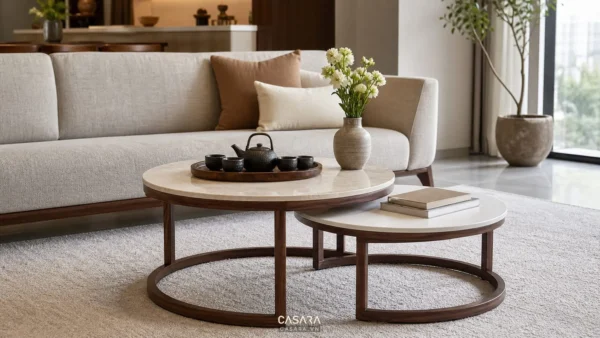 Hai bàn trà tròn lồng nhau đặt trước sofa vải sáng màu, trên bàn có khay trà và bình hoa