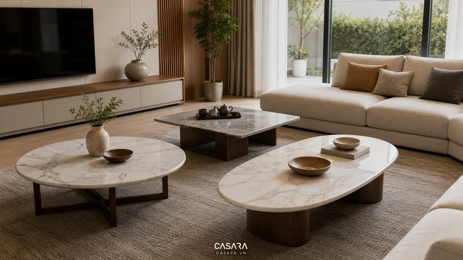 Các mẫu bàn trà phòng khách bằng đá gồm bàn tròn, bàn oval và bàn chữ nhật trong khu sofa hiện đại