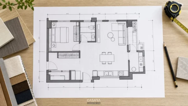 Bản vẽ mặt bằng căn hộ với phòng ngủ, phòng khách, bếp và bàn ăn