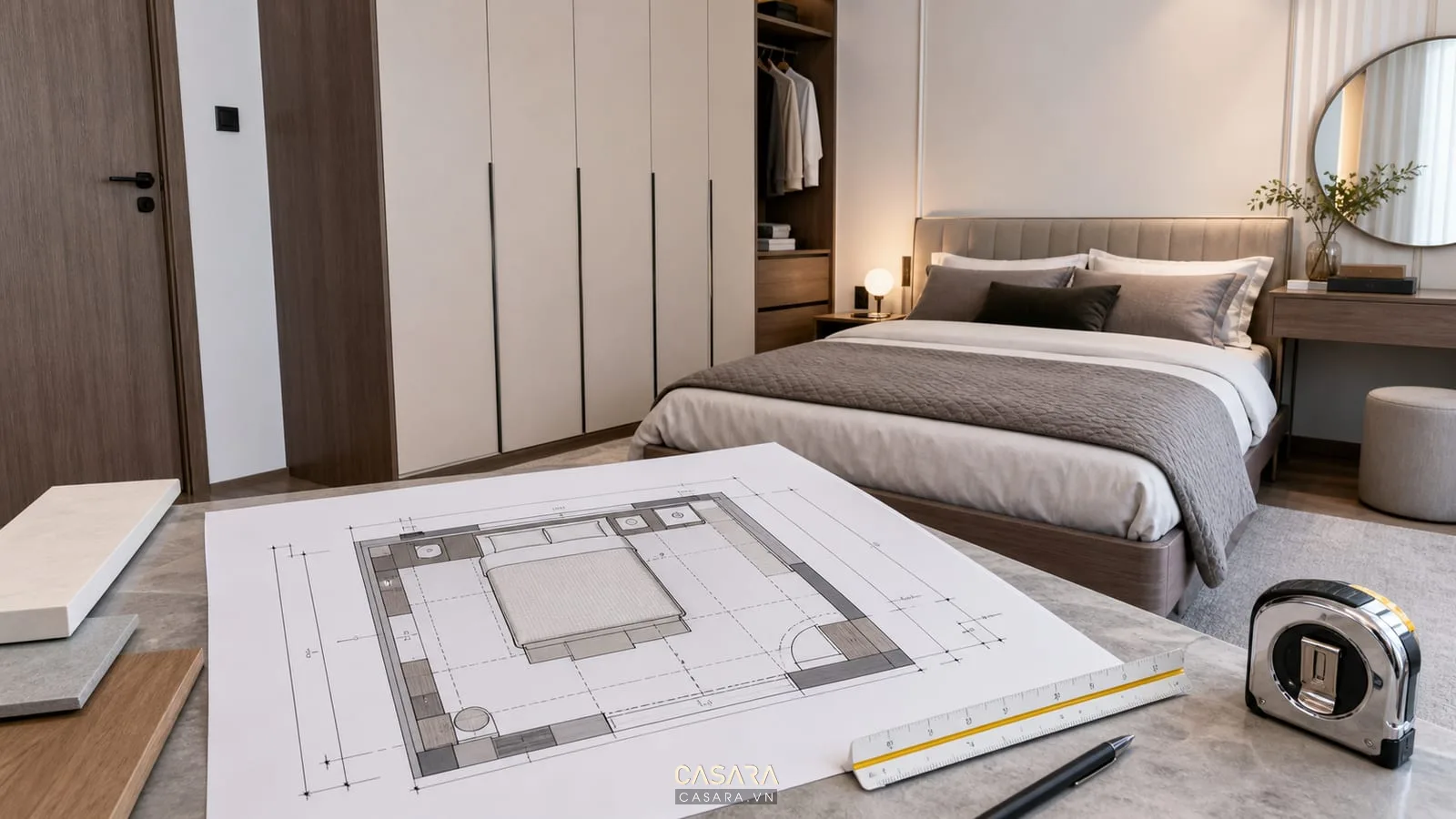 Bản vẽ thi công chung cư phòng ngủ với giường đôi tủ quần áo bàn trang điểm và lối đi