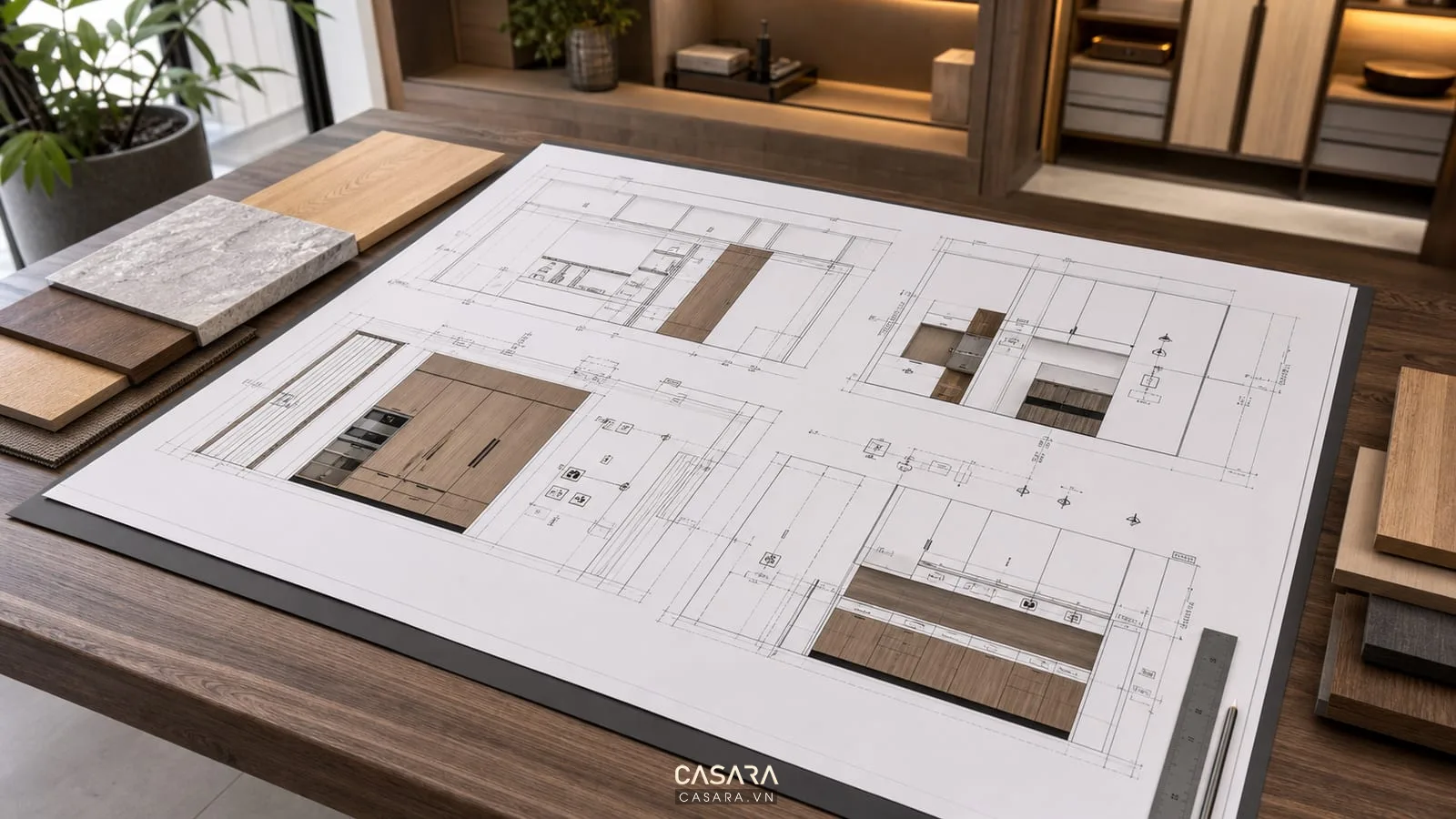 Bản vẽ chi tiết đồ gỗ chung cư có tủ quần áo tủ bếp kệ tivi ổ cắm và mẫu vật liệu