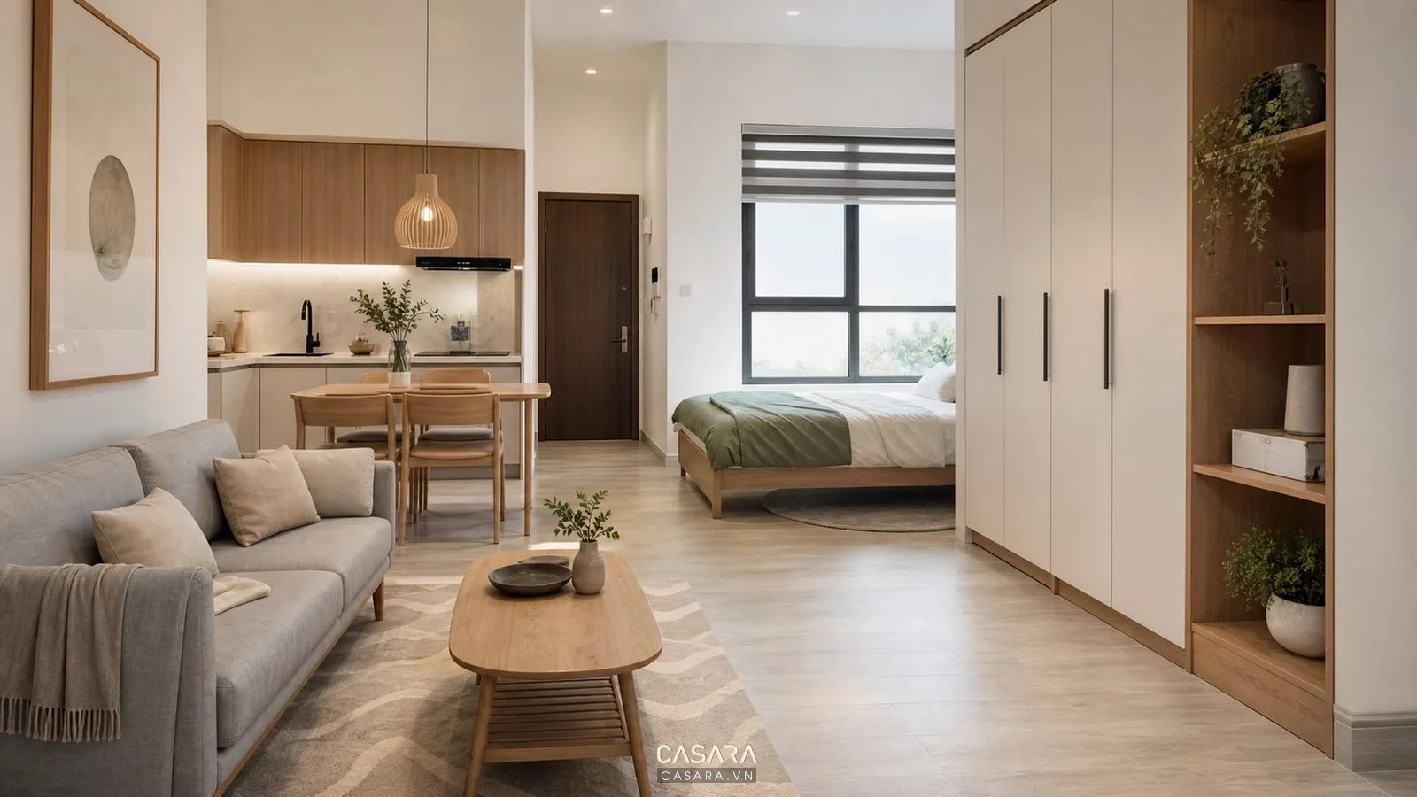 Thiết kế căn hộ chung cư 36m2 với phòng khách bếp và phòng ngủ nhỏ gọn