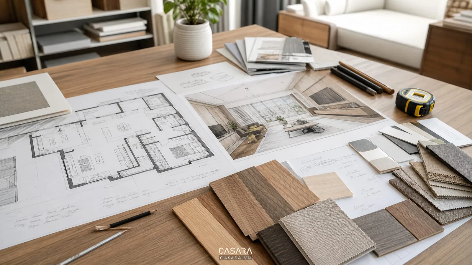 bản vẽ thiết kế chung cư với mặt bằng và mẫu vật liệu nội thất