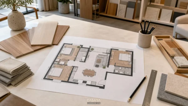 Bản vẽ mặt bằng căn hộ 3 phòng ngủ đặt trên bàn cùng mẫu gỗ và vải
