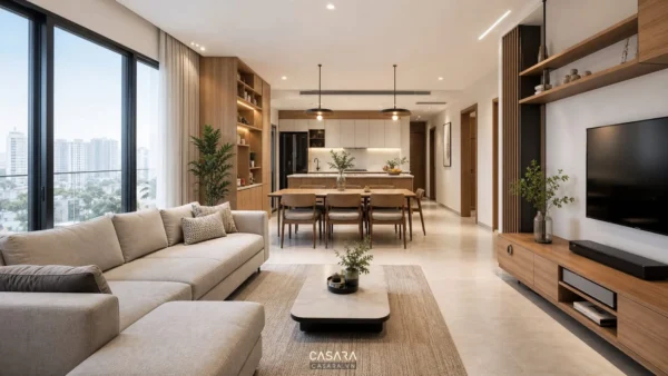 Phòng khách liền bếp với sofa góc, bàn ăn gỗ và kệ tivi trong căn hộ chung cư