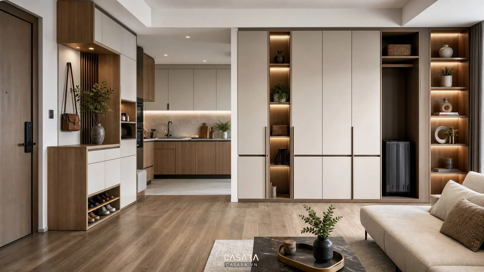 tủ lưu trữ trong chung cư cao tầng với tủ giày tủ bếp và tủ áo