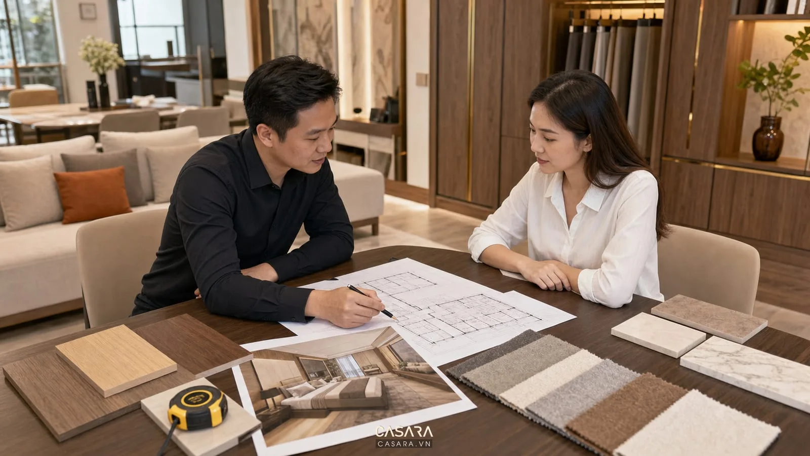 tư vấn bản vẽ thiết kế chung cư cao tầng với mặt bằng căn hộ và mẫu vật liệu