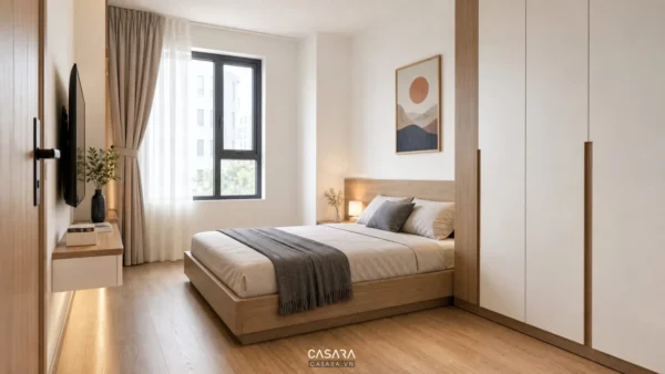 Phòng ngủ nhỏ có giường thấp, tủ âm tường và cửa sổ lấy sáng