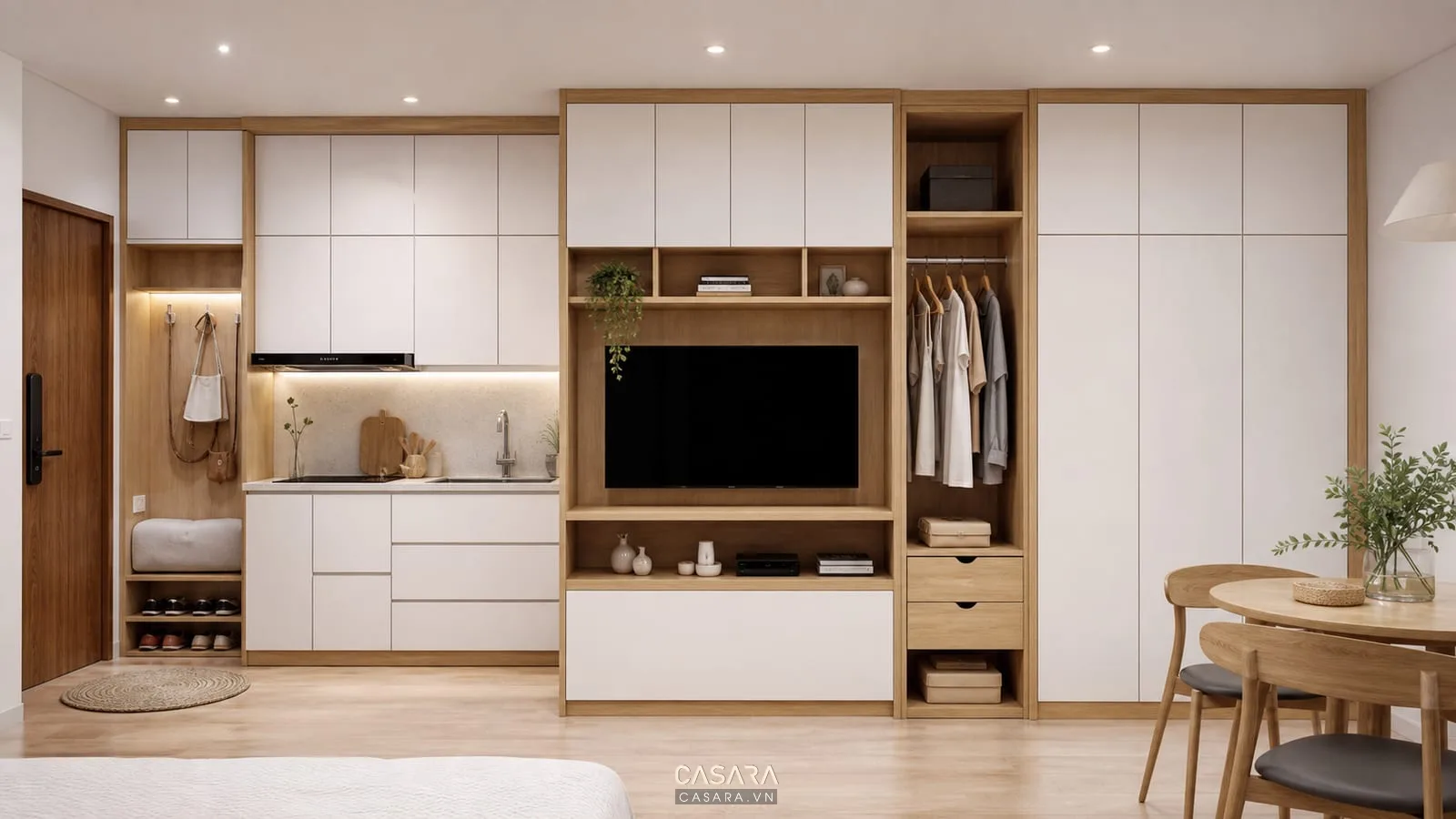 Hệ tủ đa năng màu gỗ sáng trong thiết kế chung cư mini
