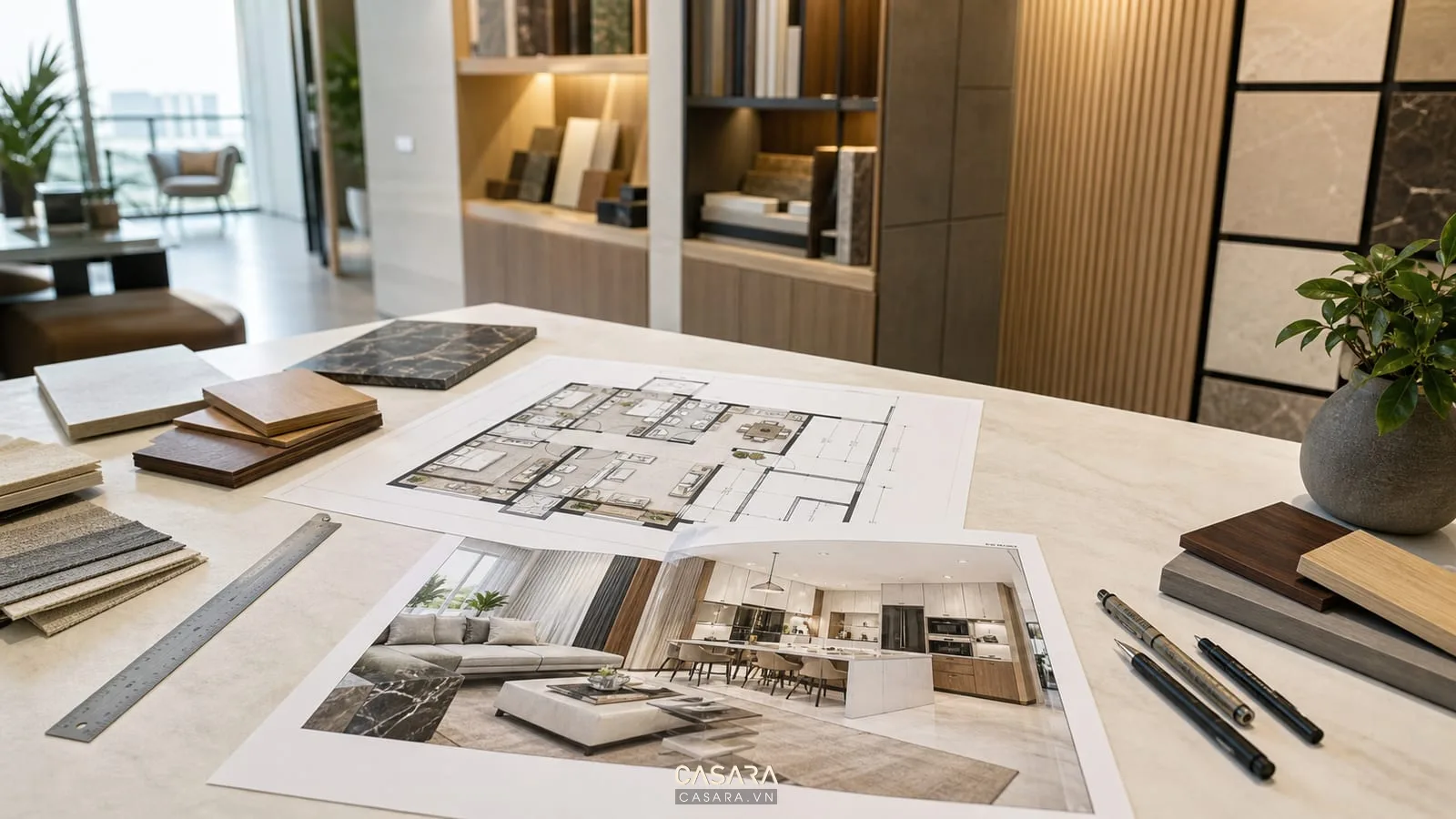 Bản vẽ thiết kế nội thất chung cư với mặt bằng căn hộ phối cảnh và mẫu vật liệu