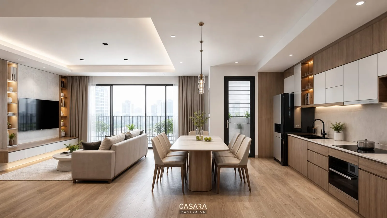 Thiết kế nội thất chung cư phòng khách bếp với sofa bàn ăn tủ bếp kệ tivi và ban công