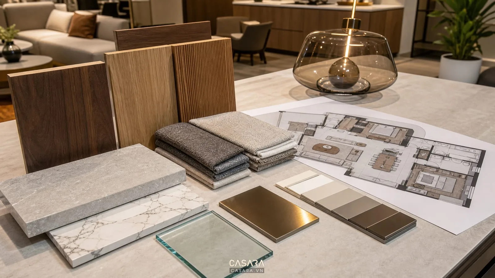 Mẫu vật liệu thiết kế nội thất chung cư gồm gỗ đá vải sofa kính kim loại và bảng màu