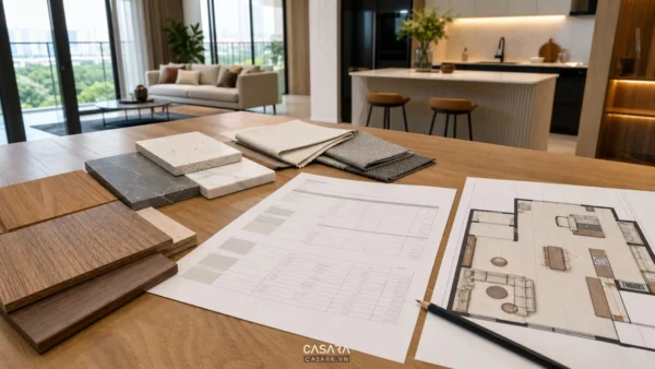 bảng báo giá nội thất với mẫu vật liệu gỗ đá và bản vẽ phòng khách bếp hiện đại