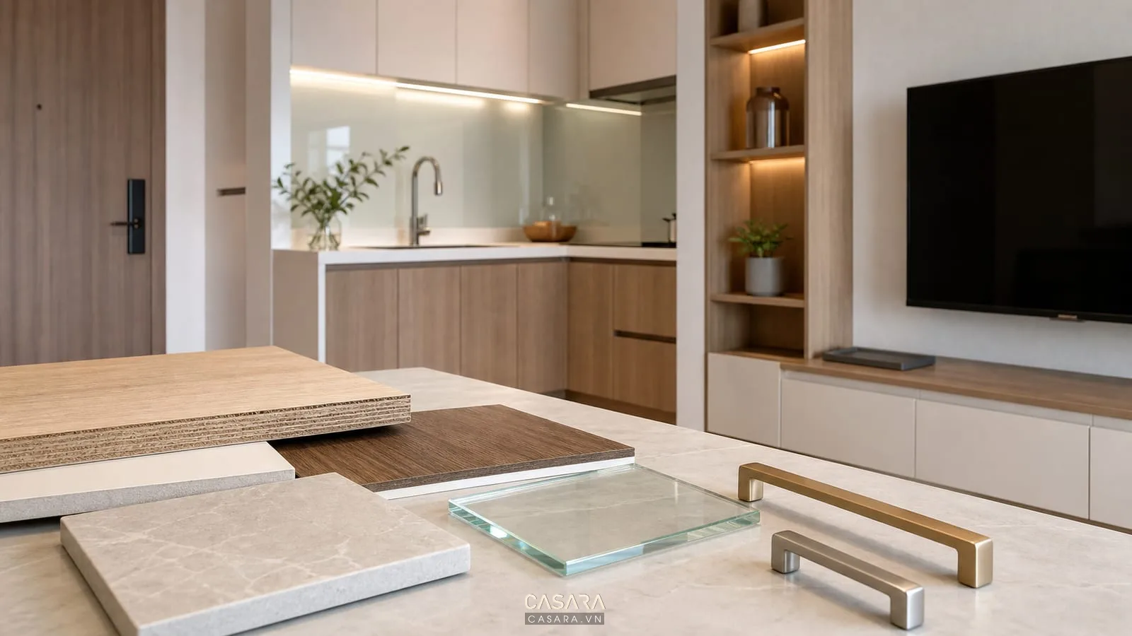 mẫu vật liệu nội thất gỗ đá kính tay nắm kim loại cho tủ bếp và kệ tivi hiện đại