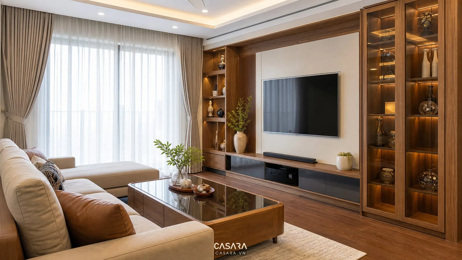 phòng khách nội thất hiện đại với kệ tivi đặt đóng sofa tủ trang trí và vật liệu gỗ ấm