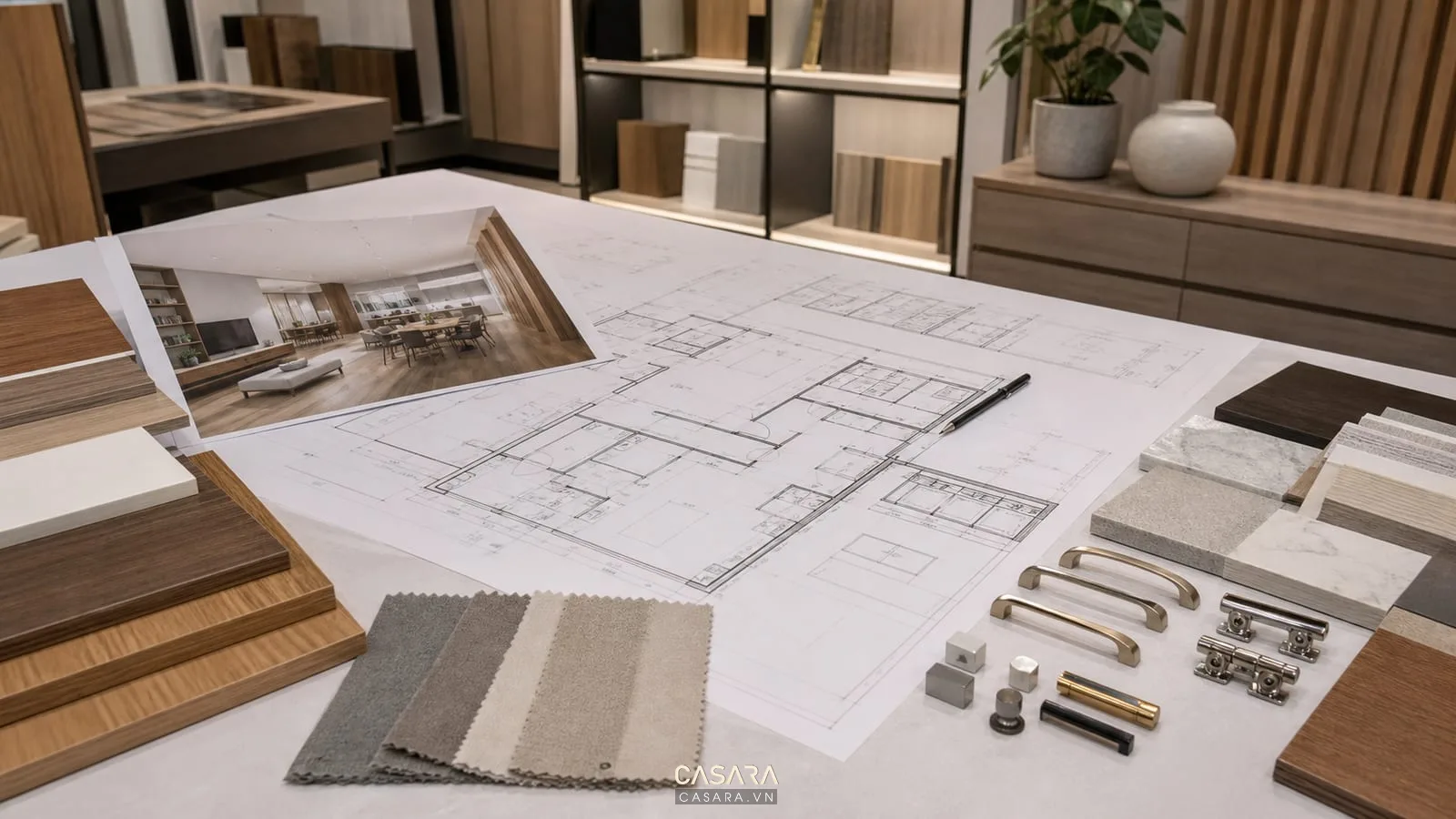 Bản vẽ thi công chung cư với mẫu vật liệu và phụ kiện nội thất