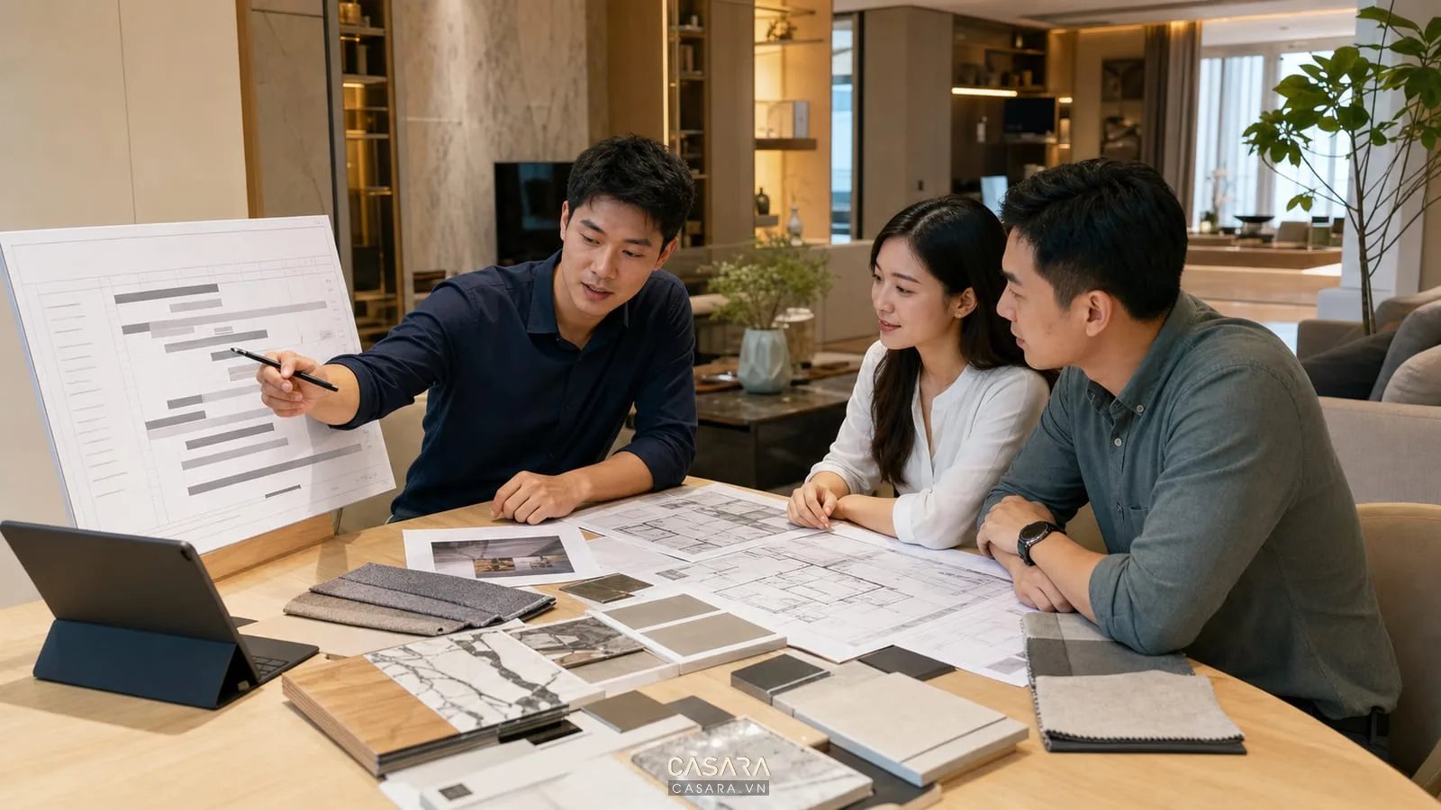Tư vấn bảng tiến độ thi công chung cư với bản vẽ và mẫu vật liệu