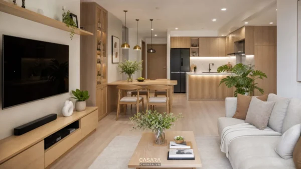 Nội thất chung cư 70m2 hoàn thiện với phòng khách bếp ăn sofa tủ tivi và tủ bếp gỗ màu sáng