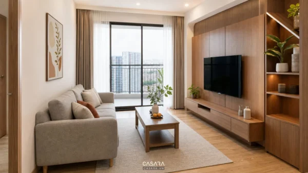 Phòng khách nội thất chung cư 70m2 với sofa vải bàn trà tủ tivi gỗ công nghiệp hiện đại