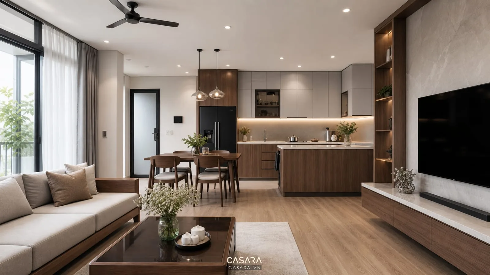 Báo giá nội thất chung cư 60m2 minh họa căn hộ phòng khách liền bếp có sofa nhỏ tủ bếp chữ L và bàn ăn bốn ghế