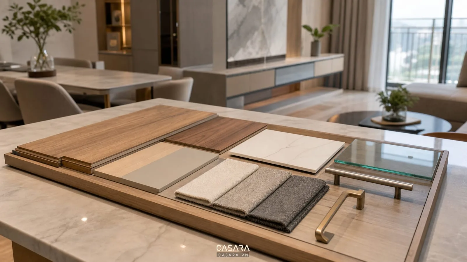 báo giá thi công chung cư với mẫu gỗ veneer laminate đá kính tay nắm kim loại và vải sofa