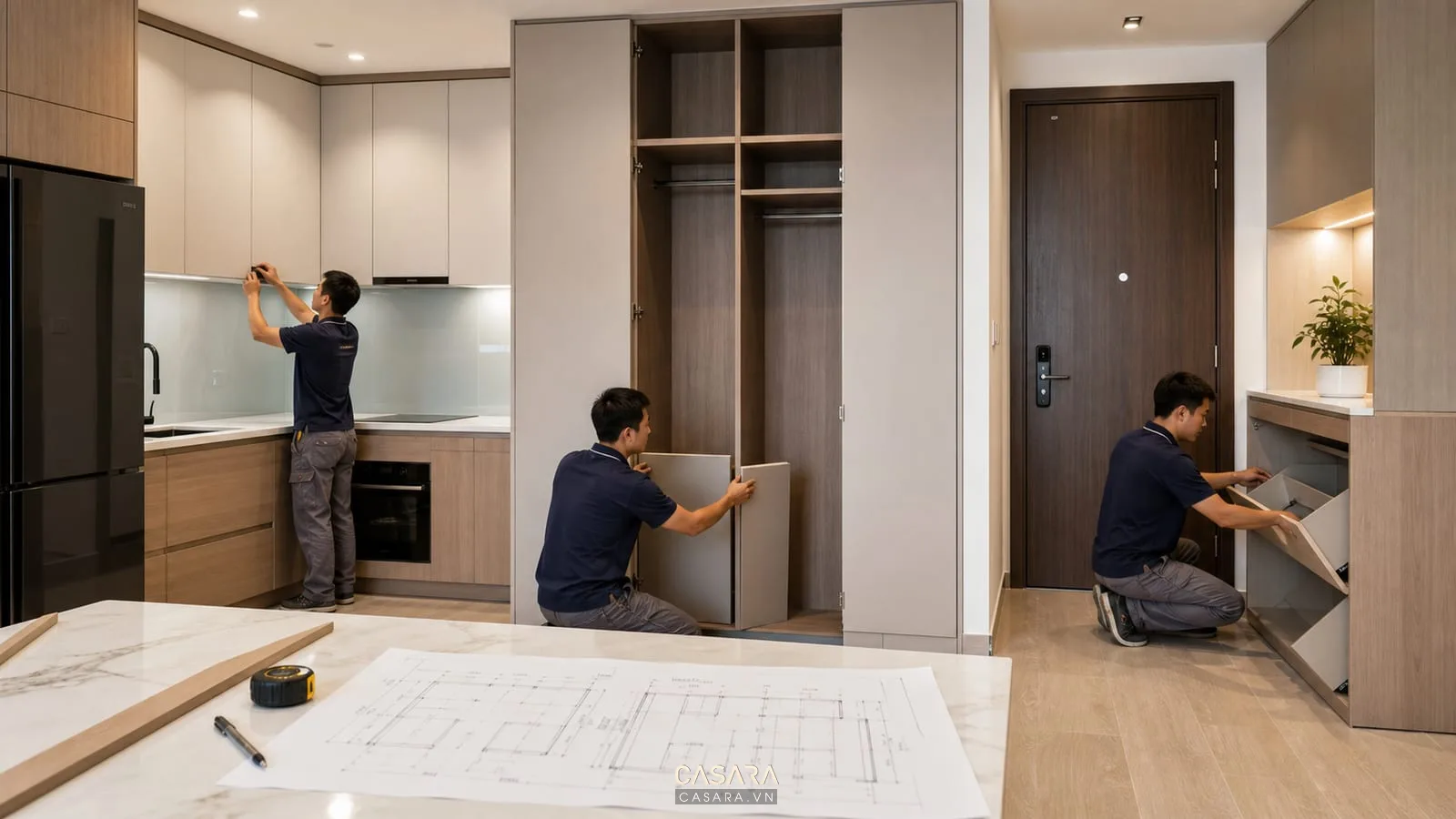 thi công nội thất chung cư với tủ bếp tủ áo kịch trần tủ giày bản vẽ kích thước và thợ lắp đặt