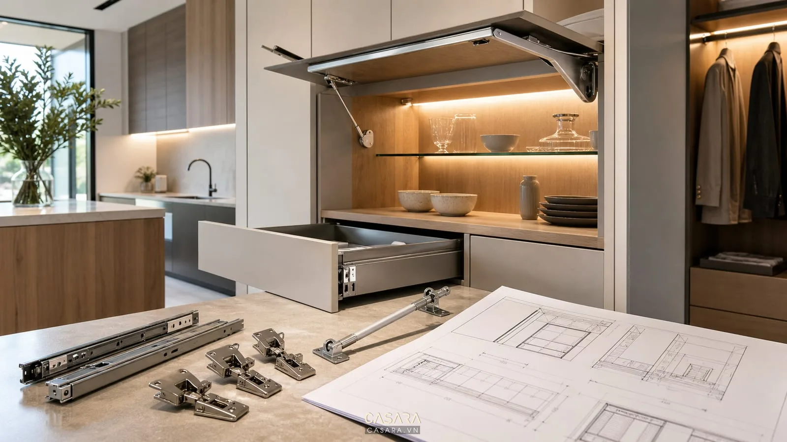 phụ kiện thi công chung cư với ray kéo bản lề tay nâng ổ cắm âm đèn led tủ bếp và bản vẽ kỹ thuật