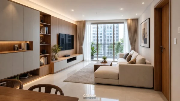 Phòng khách chung cư sáng thoáng với sofa góc, kệ tivi và hệ tủ âm tường