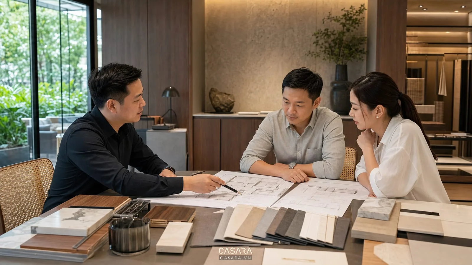 Kiến trúc sư tư vấn hồ sơ thiết kế chung cư và mẫu vật liệu cho gia chủ