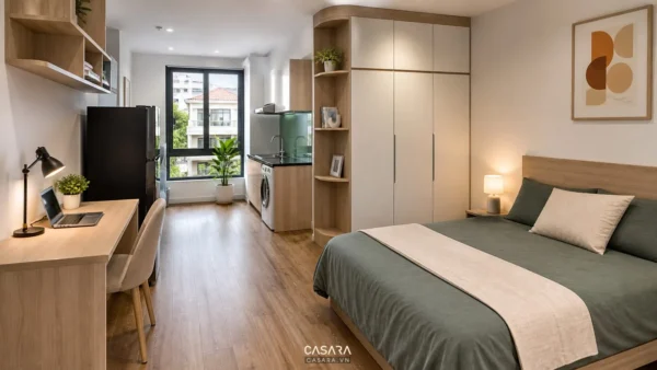 Căn hộ mini hiện đại có giường ngủ, bếp nhỏ, tủ áo và bàn làm việc