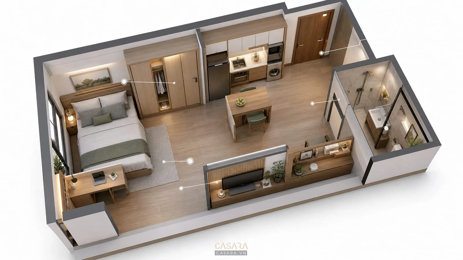 mặt bằng thiết kế chung cư mini 30m2 có giường, bếp nhỏ, tủ áo, bàn làm việc, nhà vệ sinh và lối đi rõ ràng