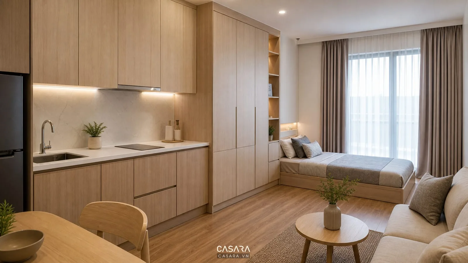 thiết kế chung cư mini dùng gỗ công nghiệp màu sáng, mặt bếp chống ẩm, tủ áo phẳng, sàn gỗ và rèm vải