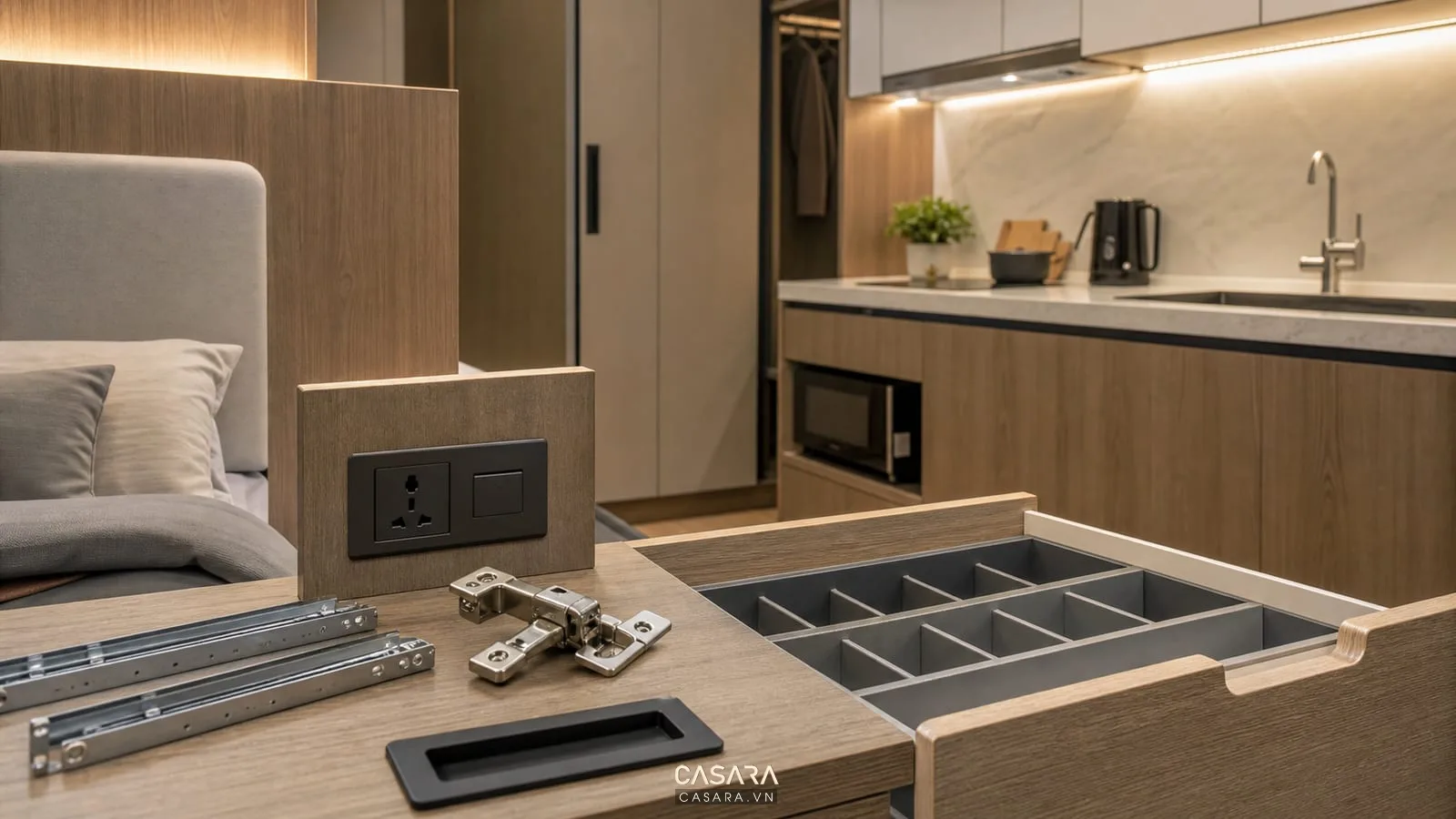 phụ kiện nội thất thiết kế chung cư mini có ray trượt, bản lề, ổ cắm đầu giường, đèn bếp, hộc kéo và tay nắm âm