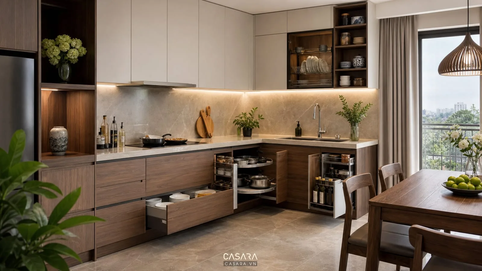 Tủ bếp chung cư chữ L với mặt đá phụ kiện ngăn kéo và bàn ăn nhỏ