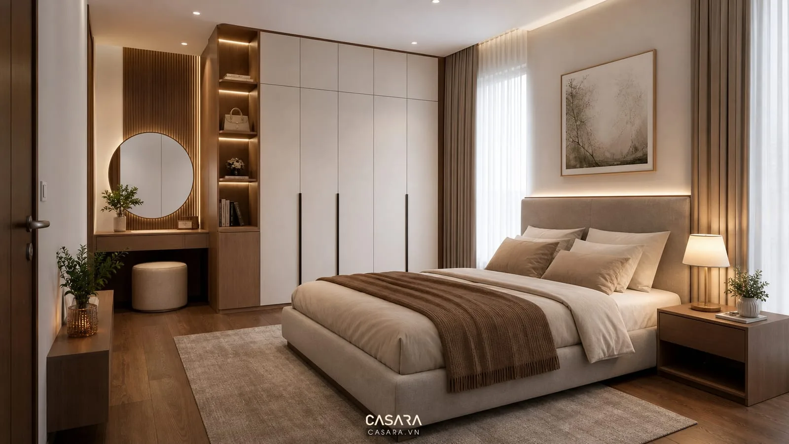 Phòng ngủ chung cư với giường tủ quần áo cao sát trần và ánh sáng ấm