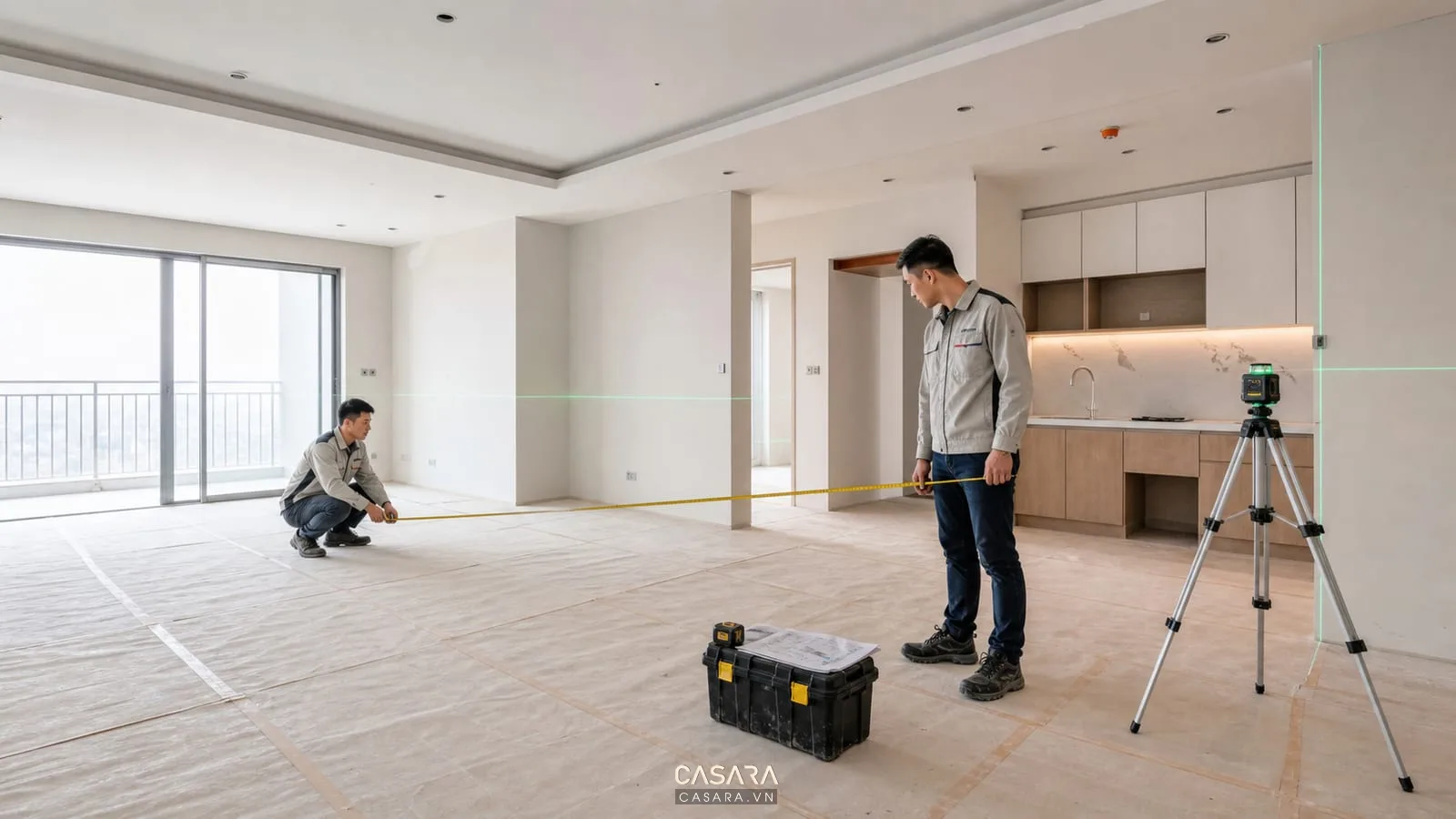 Đo đạc hiện trạng nội thất căn hộ với bản vẽ mặt bằng và thước đo laser