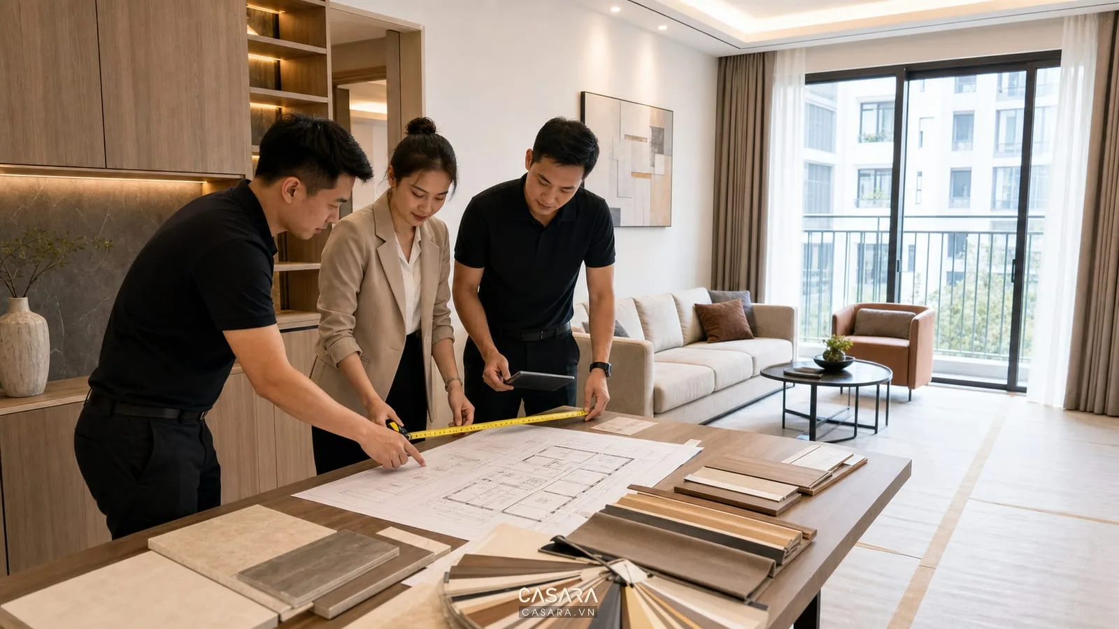 Đội thi công nhà chung cư kiểm tra bản vẽ nội thất tại căn hộ