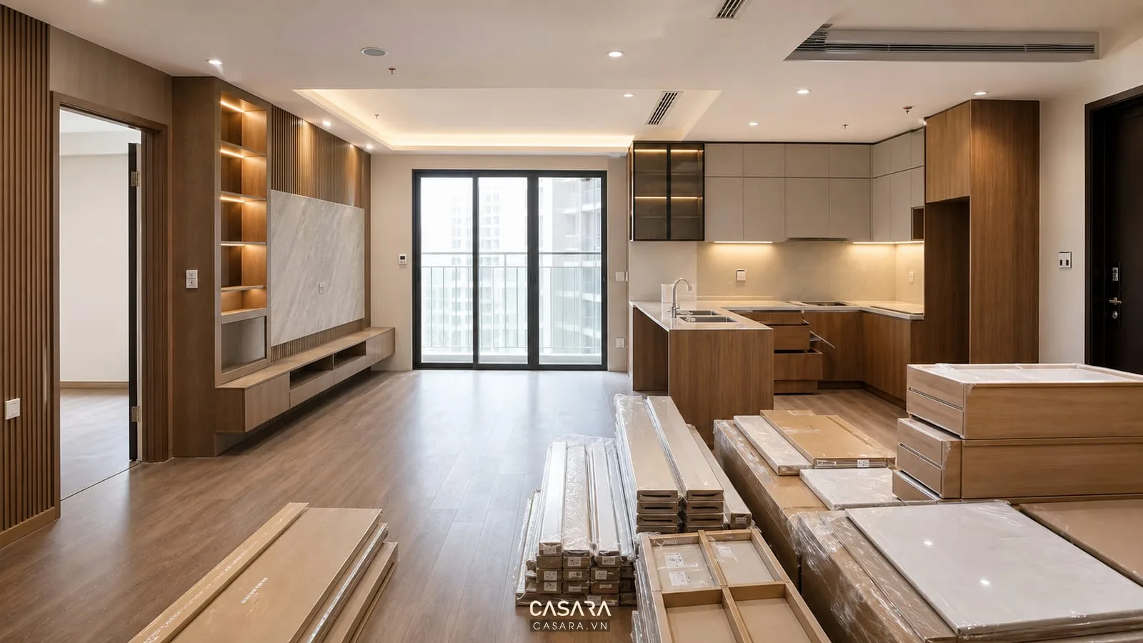 Căn hộ chung cư đang thi công trọn gói với nội thất gỗ đồng bộ