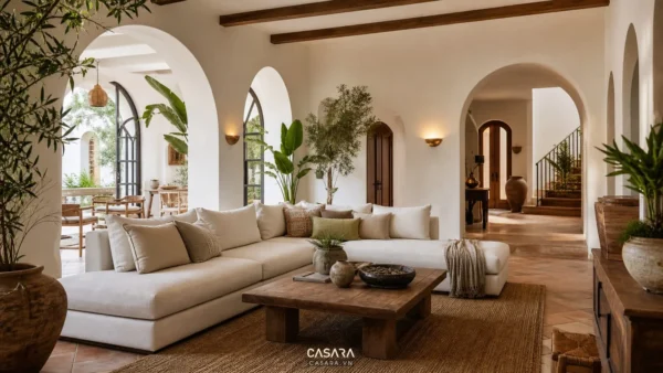 phòng khách phong cách địa trung hải có sofa trắng kem bàn trà gỗ thảm màu đất cửa vòm lớn cây xanh và đèn tường ánh sáng ấm