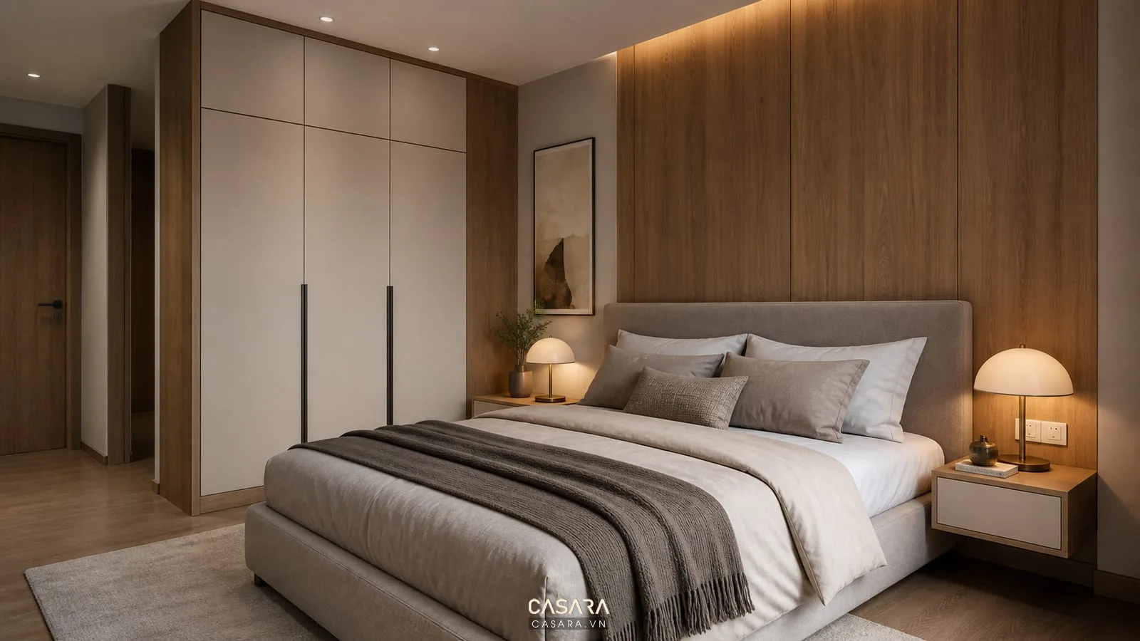 Phối cảnh 3D thiết kế nội thất phòng ngủ master với vách đầu giường bọc nệm