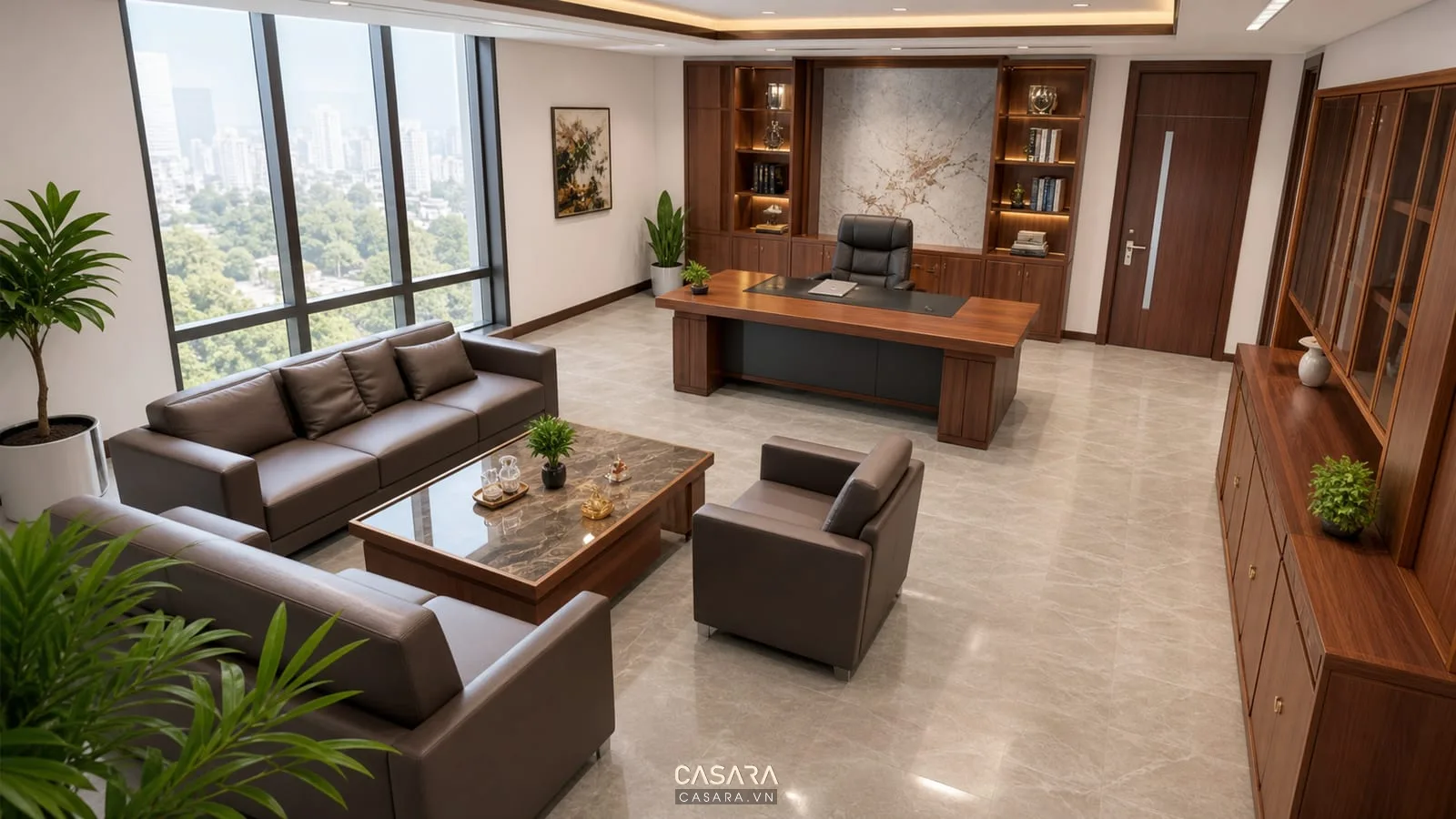 Mặt bằng phòng giám đốc với bộ sofa phòng giám đốc bàn trà bàn làm việc tủ hồ sơ và lối đi rõ ràng