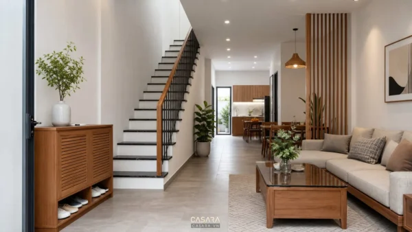 Cầu thang nhà ống chạy dọc tường với lối đi tầng trệt và nội thất gỗ gọn gàng
