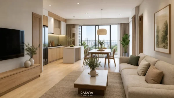 Nội thất căn hộ chung cư phòng khách liền bếp sáng thoáng với sofa và tủ tivi gỗ