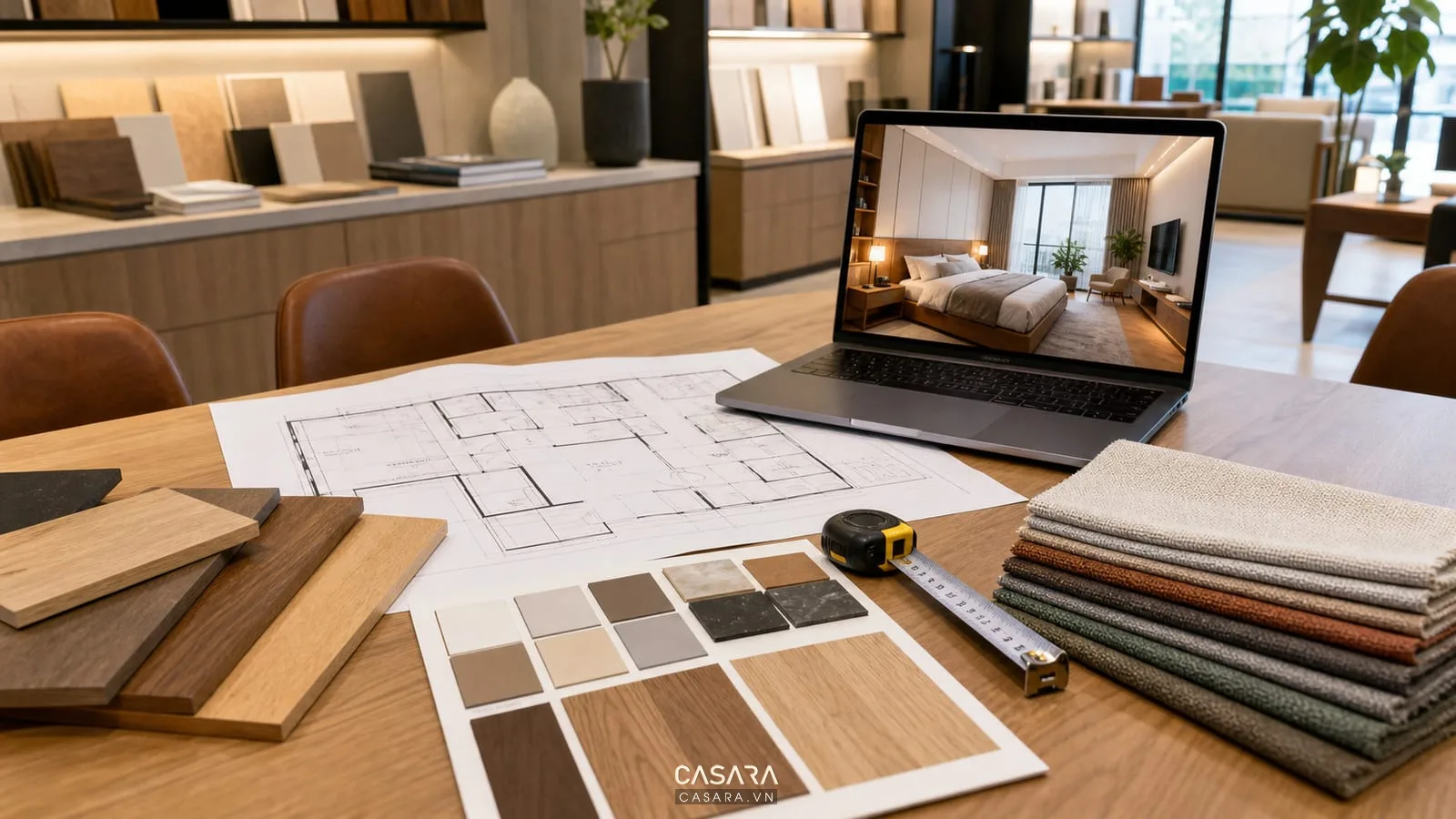 Bản vẽ mặt bằng nội thất căn hộ 2 phòng ngủ cùng mẫu vật liệu và bảng màu