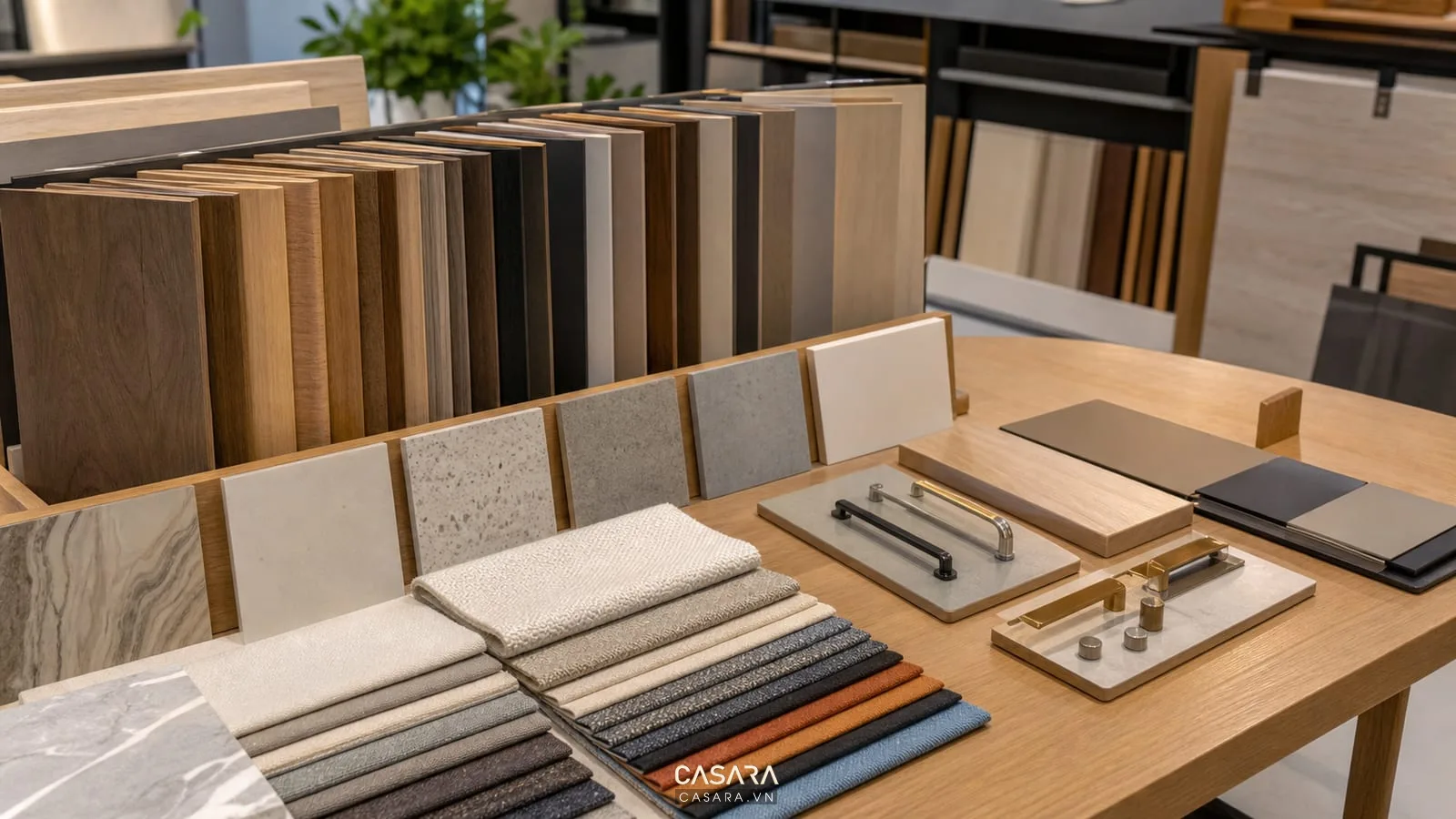 mẫu vật liệu gỗ đá vải trong showroom công ty nội thất