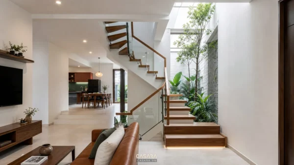 cầu thang nhà ống đẹp với bậc gỗ lan can kính giếng trời và phòng khách sáng thoáng