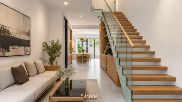 Cầu thang nhà ống đẹp ở phòng khách hẹp với bậc gỗ sáng màu, lan can kính, tường trắng, ánh sáng tự nhiên và sofa hiện đại gần cầu thang